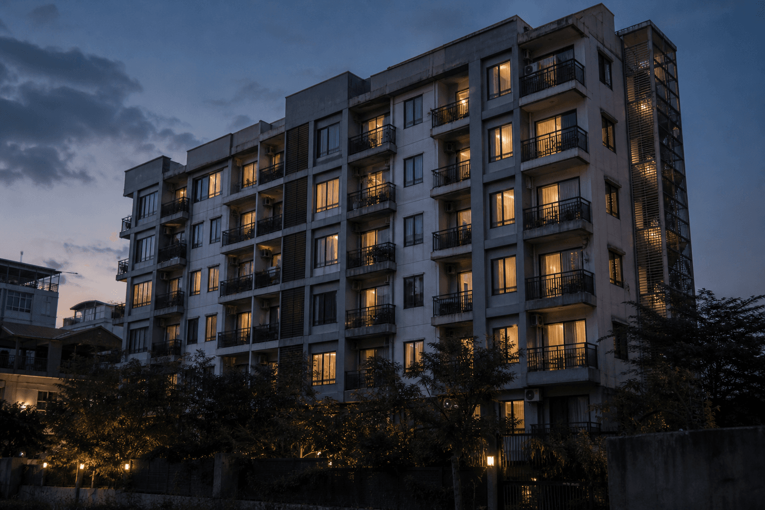 Modern apartment building at dusk